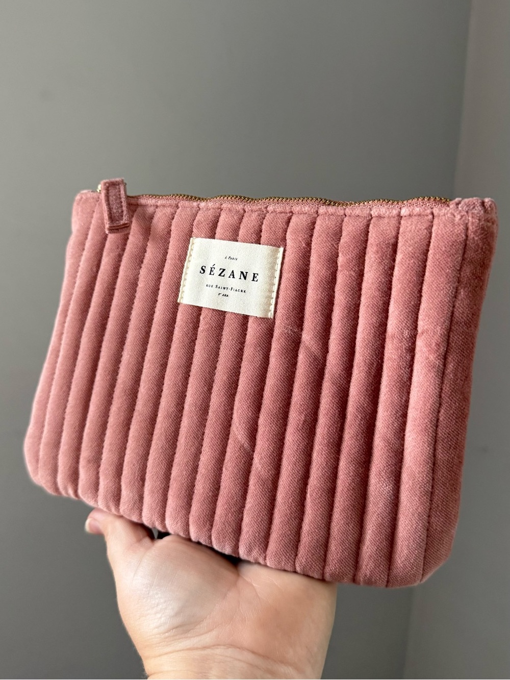 Sezane Quilted Velvet Pouch Dusty Rose Pink Color Small